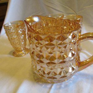 COPY - Peach Carnival Glass Pitcher and small glasses Breakfast Set (4) glasses.